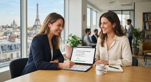 Deux professionnelles signent un contrat sur une tablette